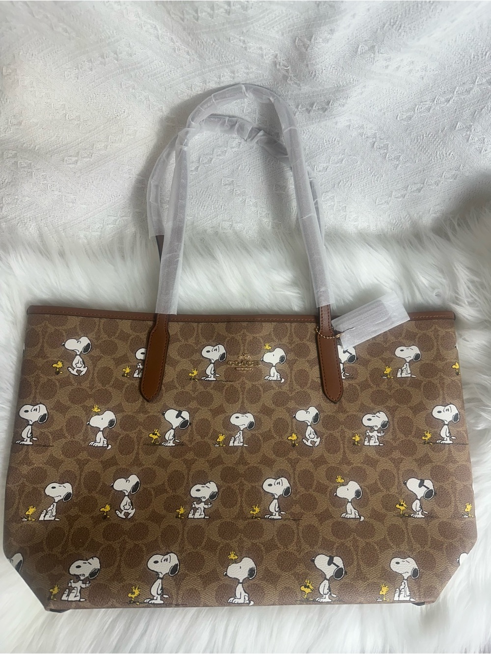 💕💕💕Coach Brown Signature Snoopy & Woodstock Print Tote
